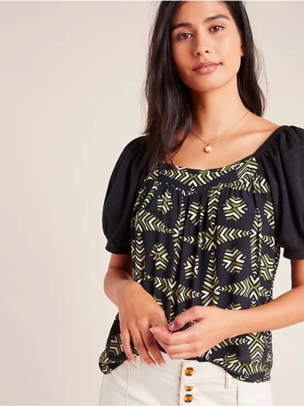 Anthropologie Maeve Black Short-Sleeve Printed Puff-Sleeve Blouse